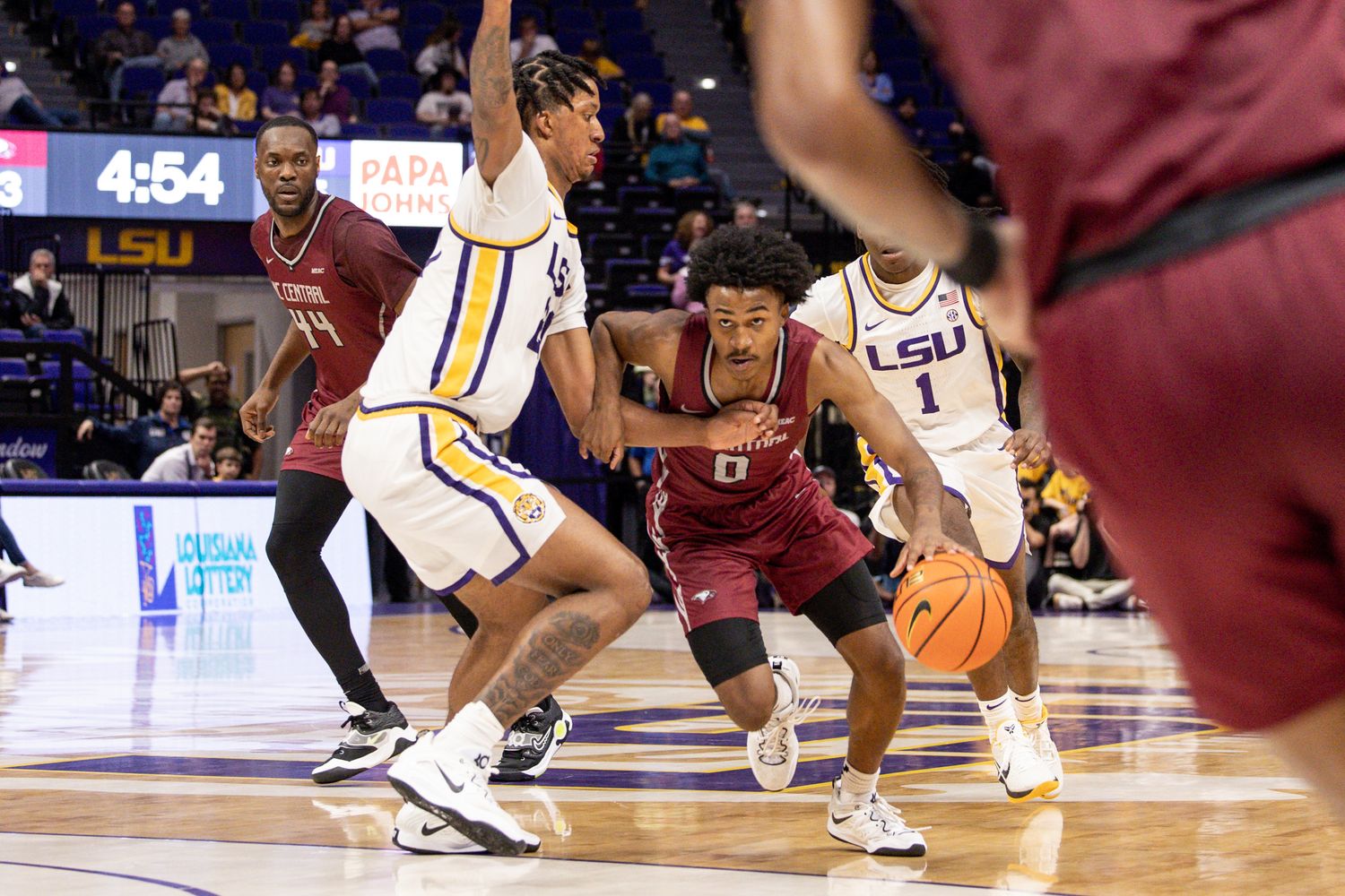 Dec 13, 2022; Baton Rouge, Louisiana, USA; North Carolina Central Eagles guard Fred Cleveland Jr. (0) brings the ball up court against the LSU Tigers during the second half at Pete Maravich Assembly Center. 